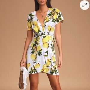 A La Tart White and Yellow Lemon Print Wrap Dress